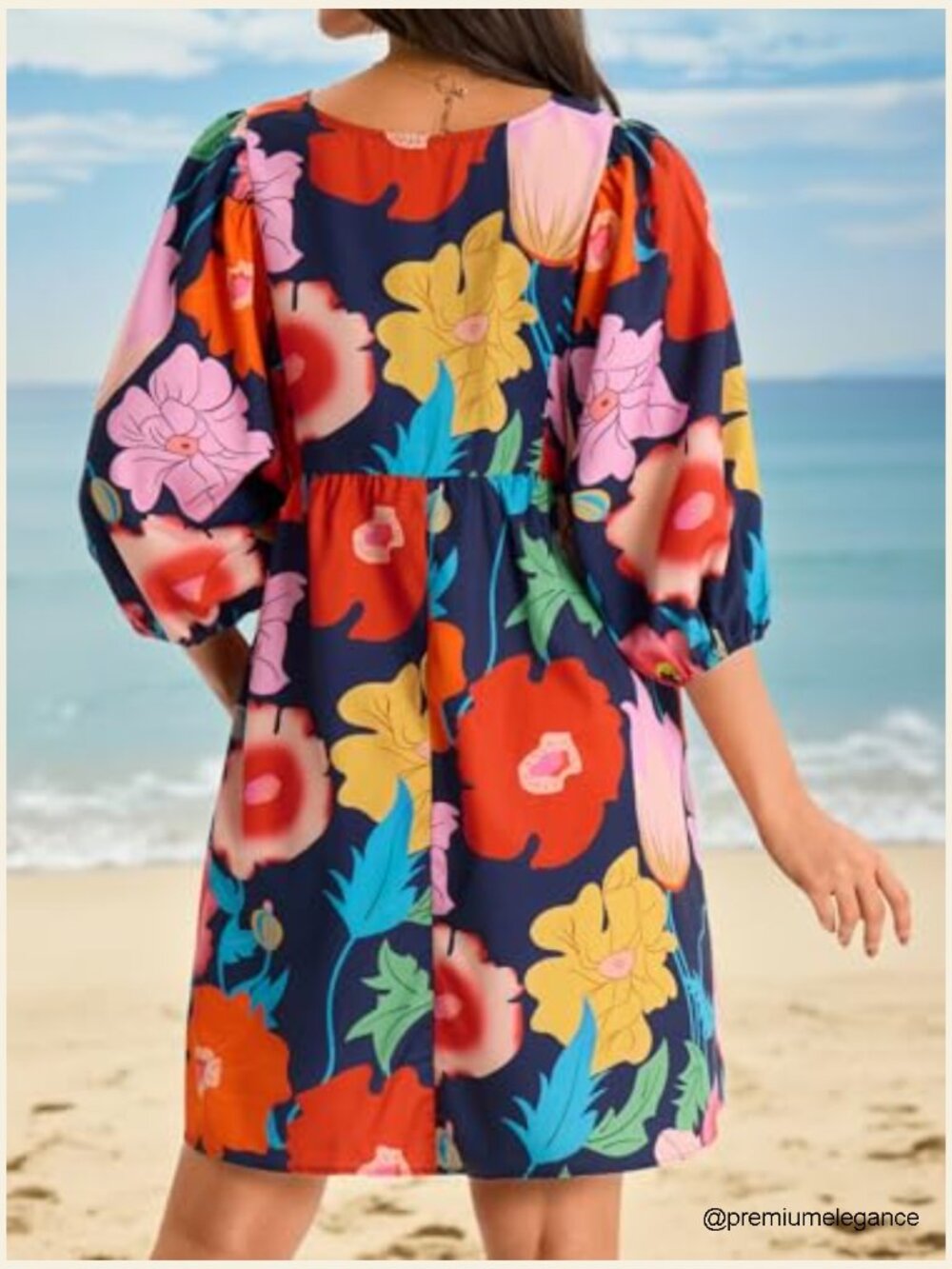 Floral Mini Babydoll Dress V Neck Puff Sleeve Loose Fit Boho Beach Sundress - Picture 3 of 7